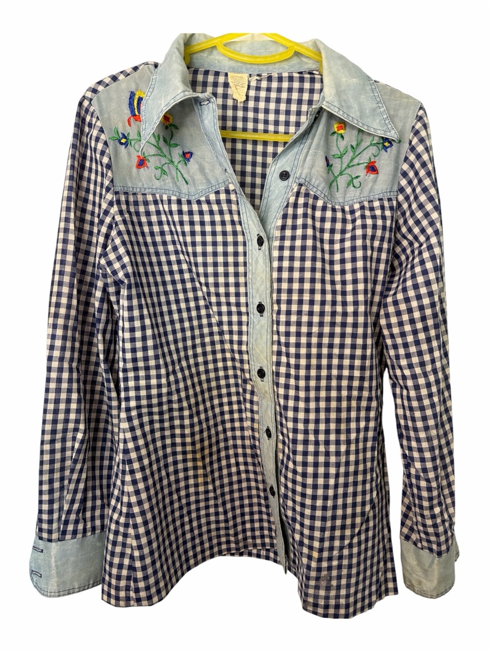 Vintage Western Blue Gingham Button-Up Shirt with Embroidered Yoke